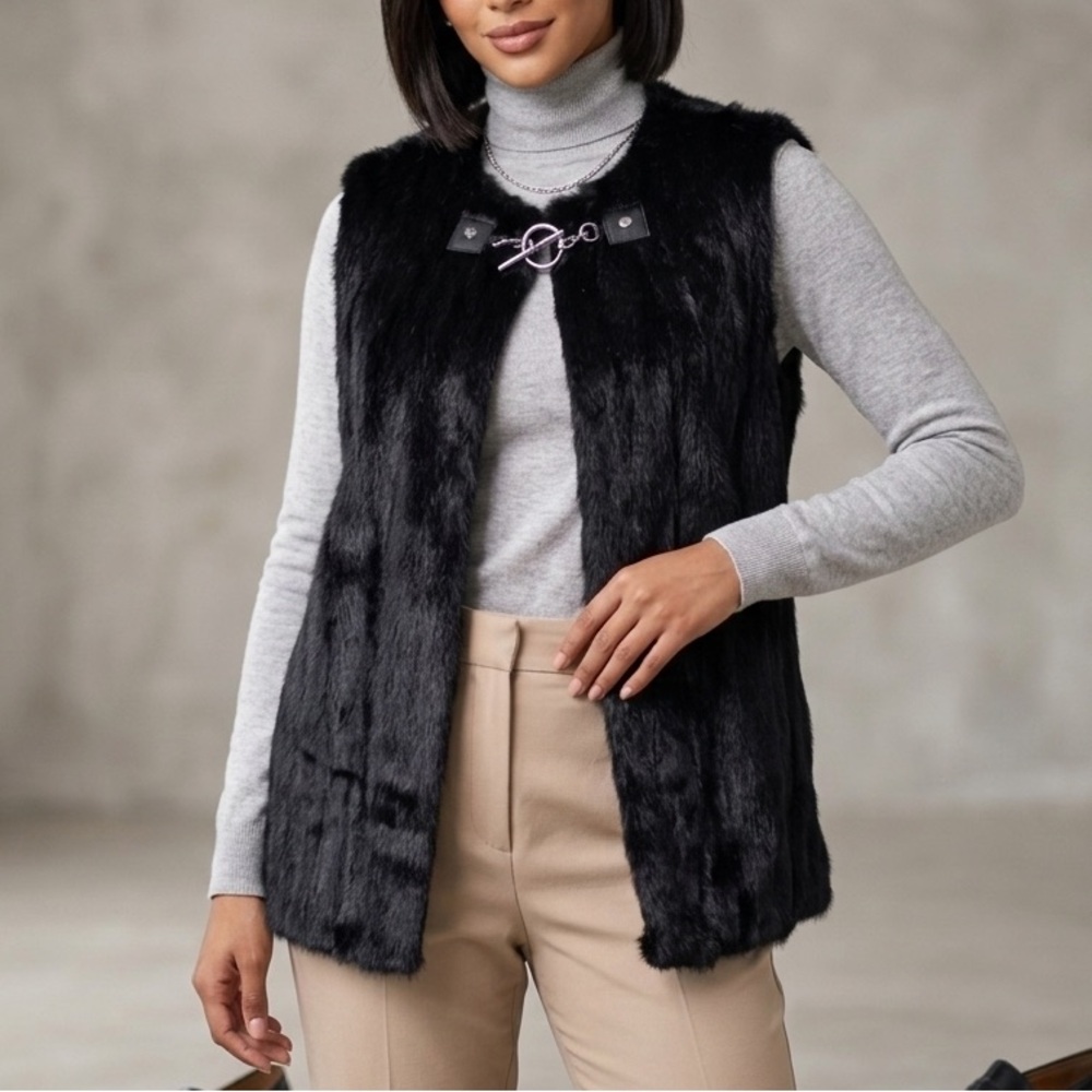 MICHAEL KORS Black Faux Fur Toggle Vest Size Medium